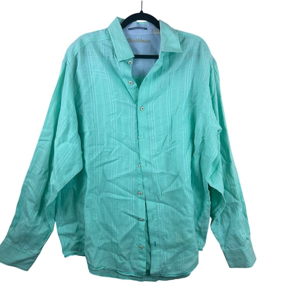 Caribbean Men’s Textured Button Down Shirt Aqua Green Long Sleeve XL